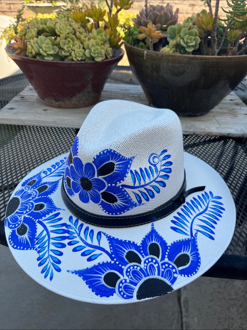 White Fedora Hat with Hand-Painted Blue Floral Design